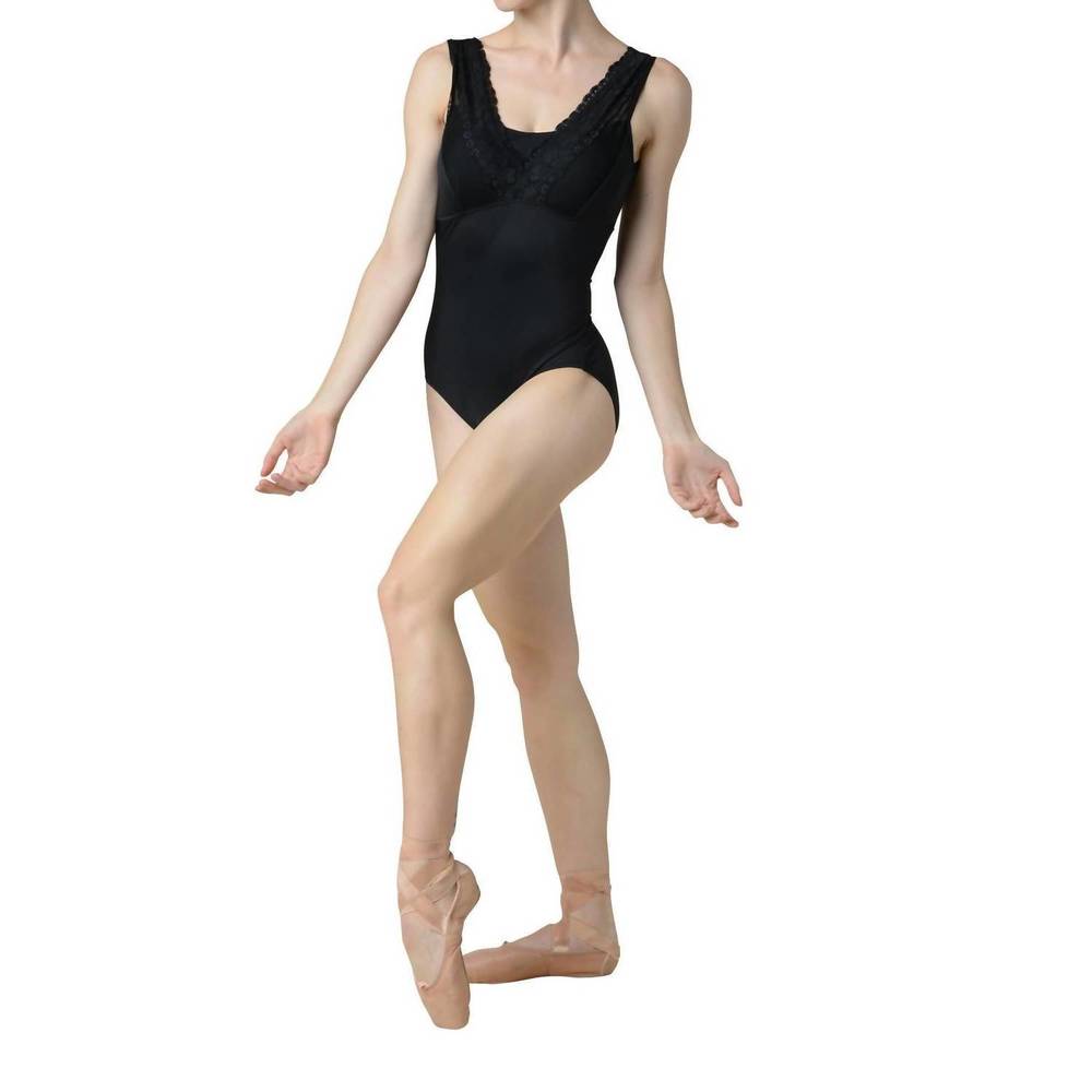 NEW DANZNMOTION giselle lace v-neck leotard in black